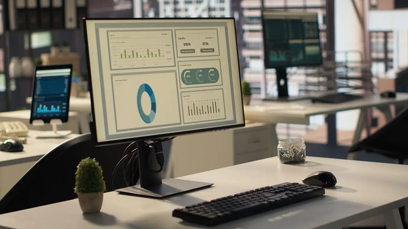 Пустое высококлассное рабочее пространство с передовыми технологическими инструментами, повышающими продуктивность.