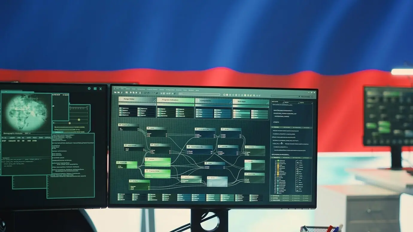 Комната для наблюдения и взлома с российским флагом на большом экране.