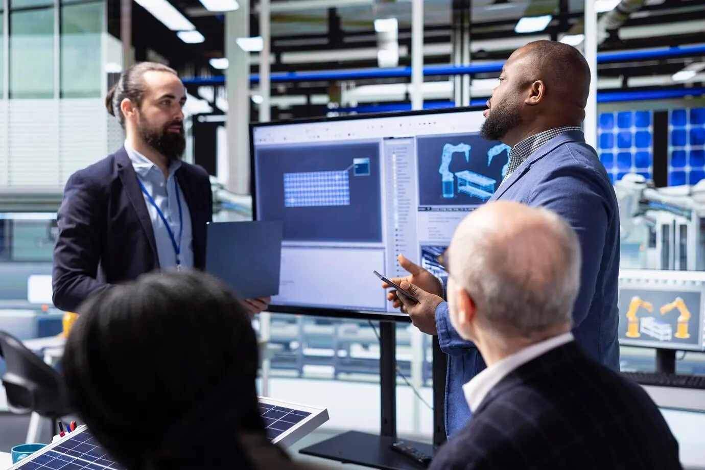 Инвестор обращается к руководству завода во время встречи по инвестиционному питчу.